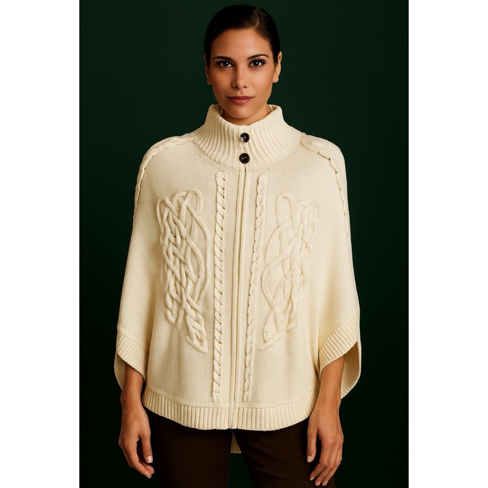Escada Medium Cream Wool /Cashmere Poncho Cape Sweater Celtic Cable Knit  Luxury